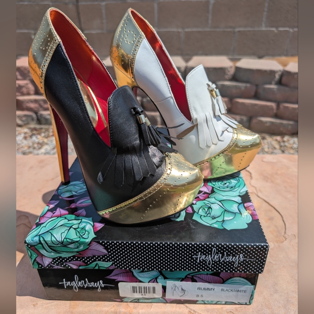 TaylorSays Black and White Heels with Gold Accents